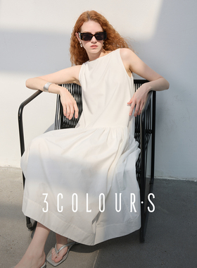 三彩2025夏季新款简约无袖小白裙连衣裙宽松褶皱大摆长裙气质S