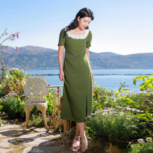 短袖 若潮大码 新款 2026夏季 方领连衣裙收腰直筒绿色胖MM 女装