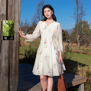 莱赛尔 新款 若潮大码 2026春季 印花连衣裙中裙胖MM 女装