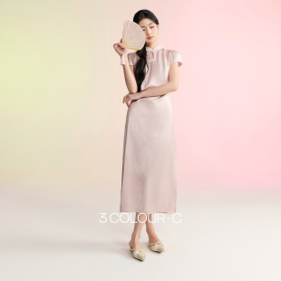 新款 三彩2026夏季 缎面立领连衣裙收腰A字长裙C 樱花连衣裙