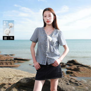 女装 2025秋季 新款 三彩 短款 若潮大码 格纹V领衬衫 宽松胖MM 100棉