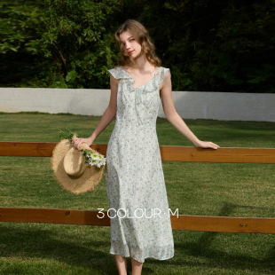 三彩2026春季 度假风浪漫女神裙V领碎花雪纺A字裙连衣裙长裙M 新款