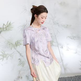 女装 上衣短袖 2026夏季 提花印花国风小衫 紫胖MM 新款 若潮大码