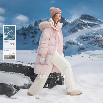 三彩2025冬季新款立领羽绒服狐狸毛领长款白鹅绒外套被子服休闲女