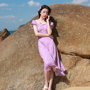 法式 三彩若潮大码 新款 2026夏季 方领连衣裙收腰碎花中长胖MM 女装