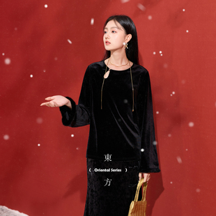 三彩【天光云影】2025冬季新款丝绒小衫镂空喇叭袖上衣C