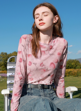 三彩独醒2026春季新款网纱印花T恤圆领正肩长袖上衣内搭修身甜酷F