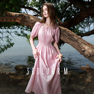 长裙M 晕染连衣裙圆领镂空收腰A字裙灯笼袖 三彩2025夏季 新款