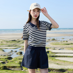 新款 2025秋季 针织衫 毛衫 Polo领条纹胖MM 三彩若潮大码 套头短袖 女装