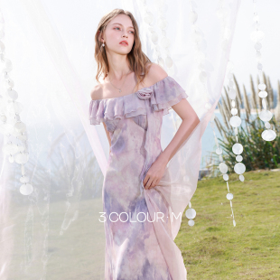 新款 三彩2026夏季 A字裙两穿一字肩雪纺长裙M 樱花系列连衣裙