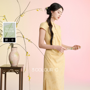新中式 三彩 新款 2026春季 连衣裙收腰开叉长裙C 陌上初柳