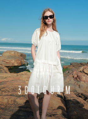 三彩2025夏季新款纯棉小白裙宽松娃娃裙圆领灯笼袖连衣裙中裙M