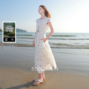 圆领高腰印花连衣裙A字花边长裙短袖 新款 三彩2026夏季 100棉
