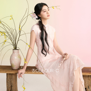 新中式 三彩 新款 2026春季 连衣裙提花剪花鱼尾长裙C 山樱花落