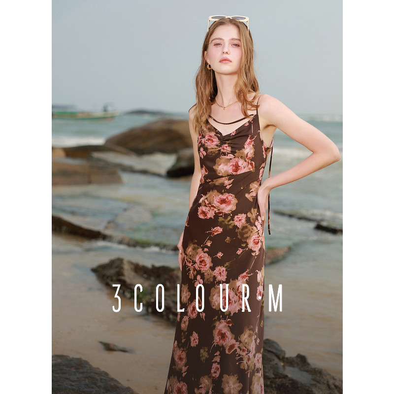 三彩2025春季新款V领吊带裙玫瑰印花连衣裙飘带长裙度假风M,女装/女士精品,连衣裙,淘宝优惠券,粉丝福利购,淘宝优惠卷
