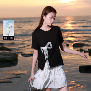 圆领T恤短袖 若潮大码 新款 2025秋季 花边蝴蝶结开叉胖MM 女装