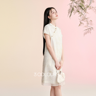 素月清辉 连衣裙新中式 三彩2026夏季 欧根纱绣花短袖 A字裙C 新款