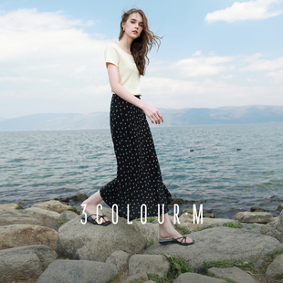 三彩2025夏季 碎花半身裙斜裁A字裙松紧腰鱼尾裙浪漫长裙M 新款