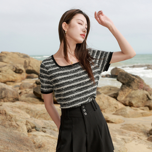 香风方领T恤短袖 三彩若潮大码 法式 2025秋新款 套头上衣胖MM 女装