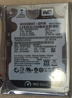 WD西部数据企业级黑盘 2.5寸7200转320G笔记本电脑硬盘WD3200BEKT