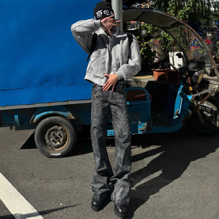 Cleanfit手工刷蜡涂层微喇水洗牛仔裤堆叠设计感宽松休闲长裤子男