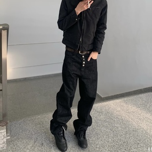 美式五连扣原牛黑棉羽康龙宽松牛仔裤14oz原牛A字直筒未脱浆裤男