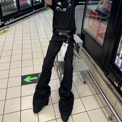 修身微喇叭拖地弹力牛仔裤蜡裤男