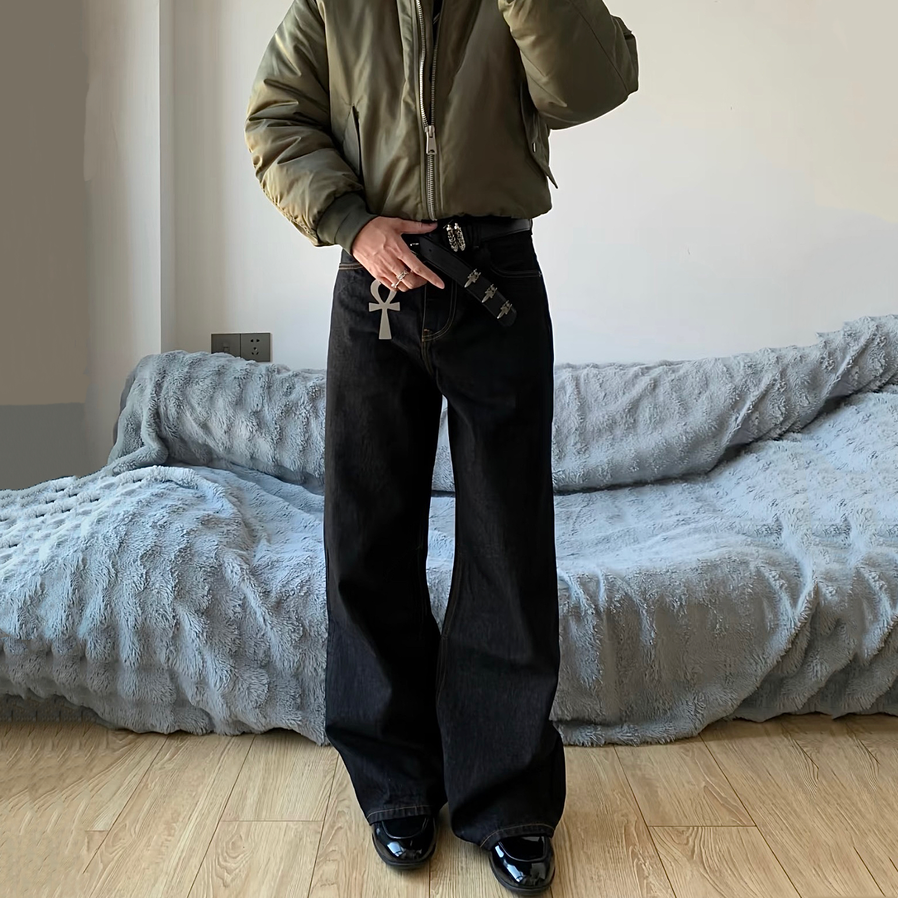 美式复古原牛黑阔腿牛仔裤丹宁男