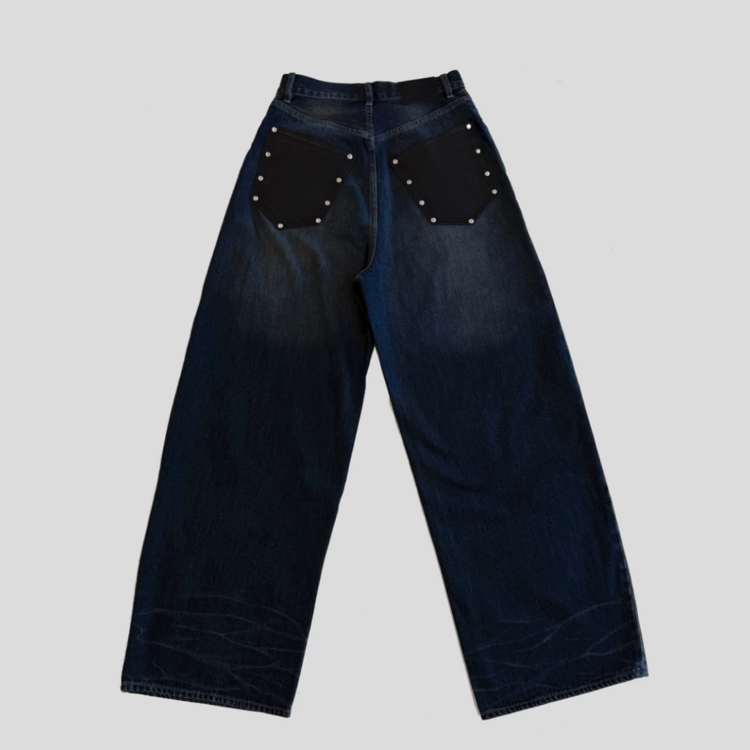 2025SS美式拼皮牛仔裤阔腿重工男