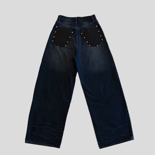 阔腿重工皮口袋设计深色显瘦长裤 拼皮牛仔裤 2025SS美式 男 现货