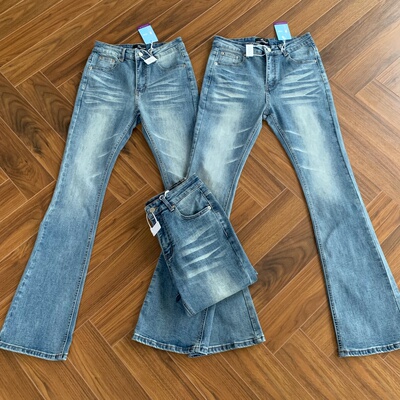 517猫须纹蓝牛高弹力微喇牛仔裤