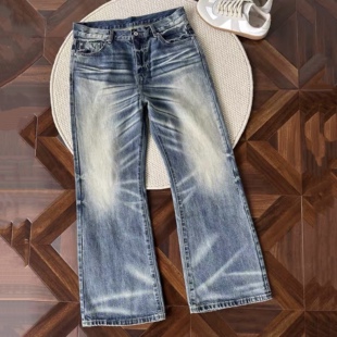美式重磅水洗猫须浅蓝牛仔裤vintage做旧2021M版型微喇长裤子男潮