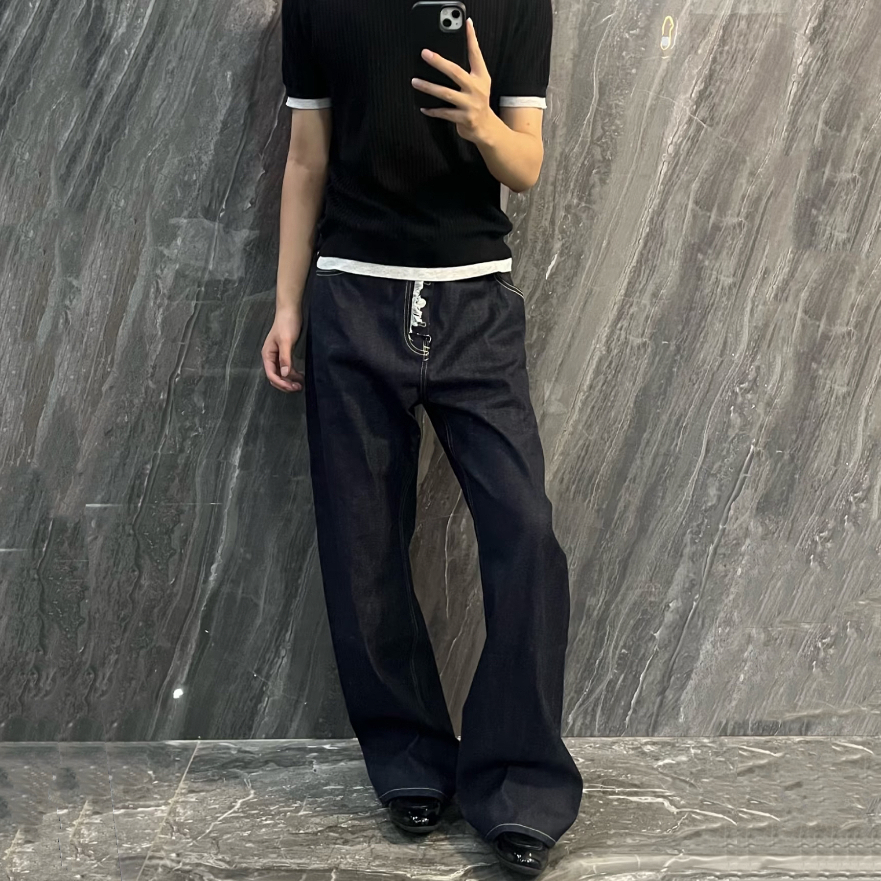 水洗原牛排扣设计直筒牛仔裤男潮