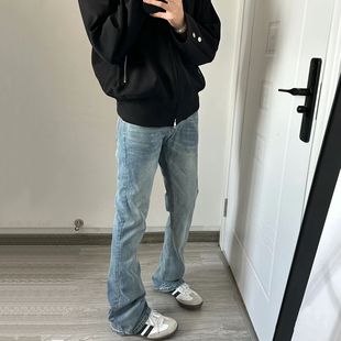 Cleanfit重磅水洗浅蓝色做旧直筒微喇叭弹力复古堆积感牛仔长裤男