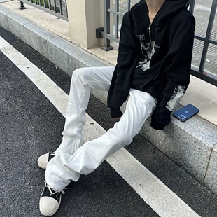 美式Cleanfit高弹力褶皱白牛微喇牛仔裤垂坠感百搭休闲长裤子男潮