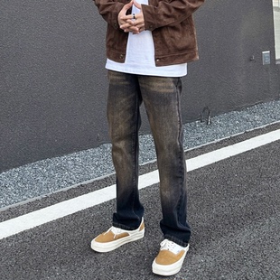 男潮 褶皱纹路休闲百搭复古时尚 美式 vibe铁锈黑水洗做旧直筒牛仔裤
