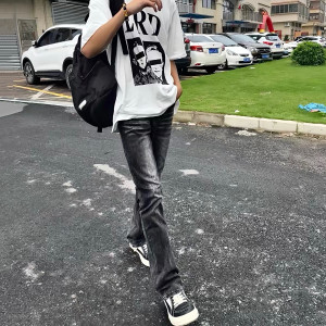 欧美studios原创男装美式高街vibe风重磅水洗黑灰vintage517质感微喇弹力修身牛仔裤男