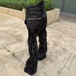 【微喇堆积】原创自主设计1021原牛黑四线窄幅赤耳原牛仔长裤男潮