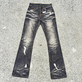 裂纹水洗做旧猫须破洞微喇弹力长裤 美式 vintage复古黑灰牛仔裤 男