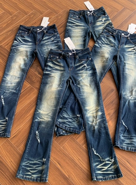 美式重磅水洗做旧猫须破洞牛仔裤潮牌修身微喇Cleanfit517裤子男