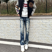 Cleanfit风格 欧美自主出品复古水洗做旧猫须破洞微喇弹力牛仔裤 男