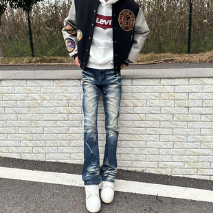 Cleanfit风格欧美自主出品复古水洗做旧猫须破洞微喇弹力牛仔裤男