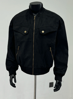 美式街头cleanfit短宽工装黑色夹克男女宽松复古高街休闲外套潮牌