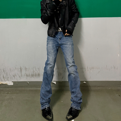 蓝牛水洗复古修身牛仔裤微喇男