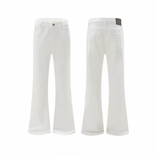 美式百搭款白色高弹力微喇牛仔裤垂坠感百搭休闲cleanfit长裤子男