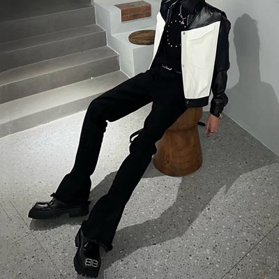 黑色微喇叭牛仔裤裤脚拼接显瘦男