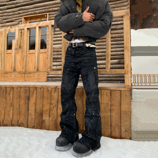 子男 BootCut微喇堆积裤 美式 手工立体猫须黑色水洗刷蜡涂层牛仔裤