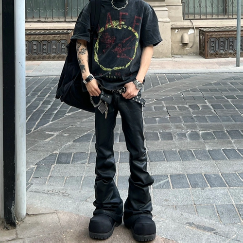 风格涂层弹力微喇叭牛仔裤潮牌男