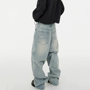 子男 拖地长裤 美式 vibe风套色雪花洗做旧阔腿廓形Baggy宽松牛仔裤