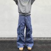 美式 男女宽松阔腿baggy泼墨多口袋长裤 重磅法工蓝水洗贴布工装 裤